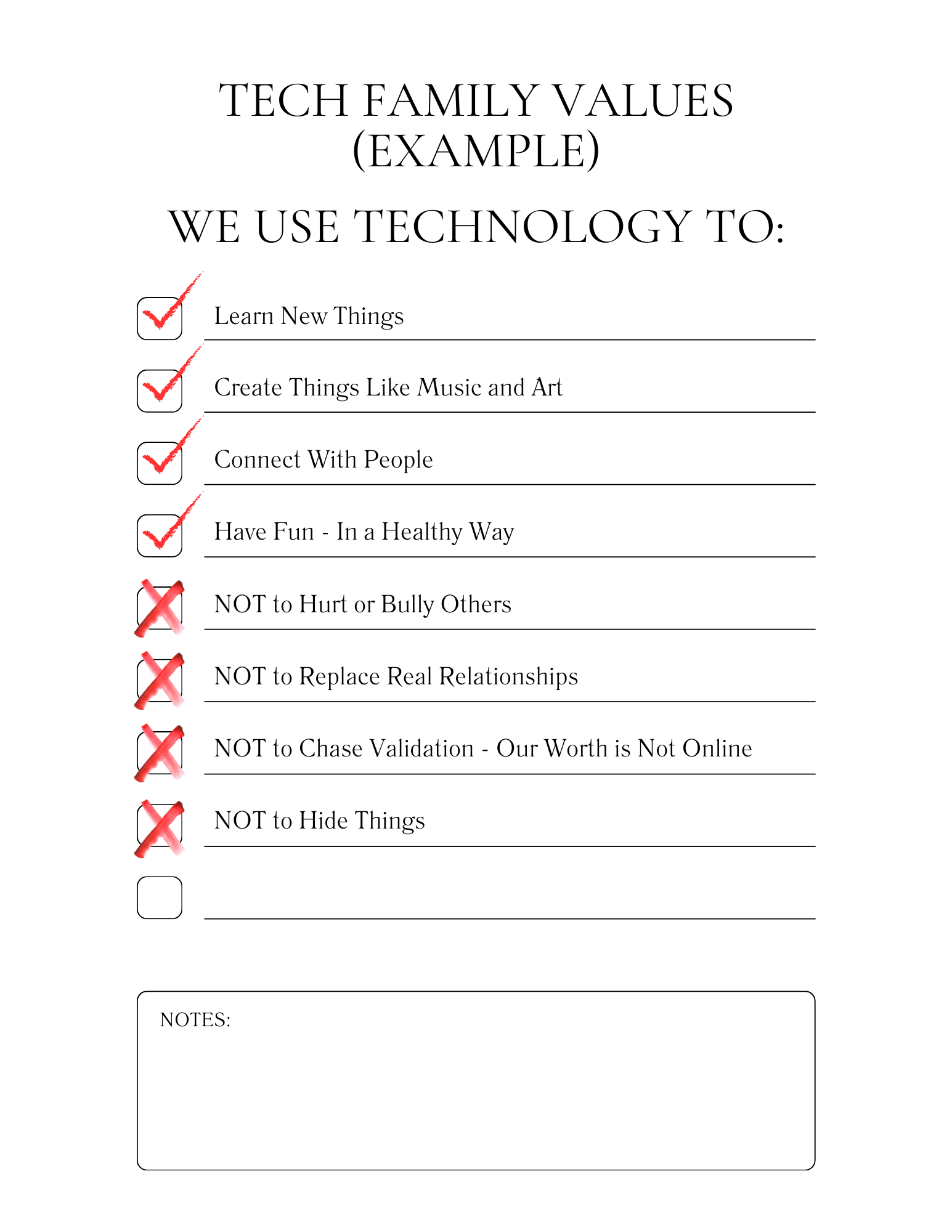 Free Printable Tech Family Values Checklist