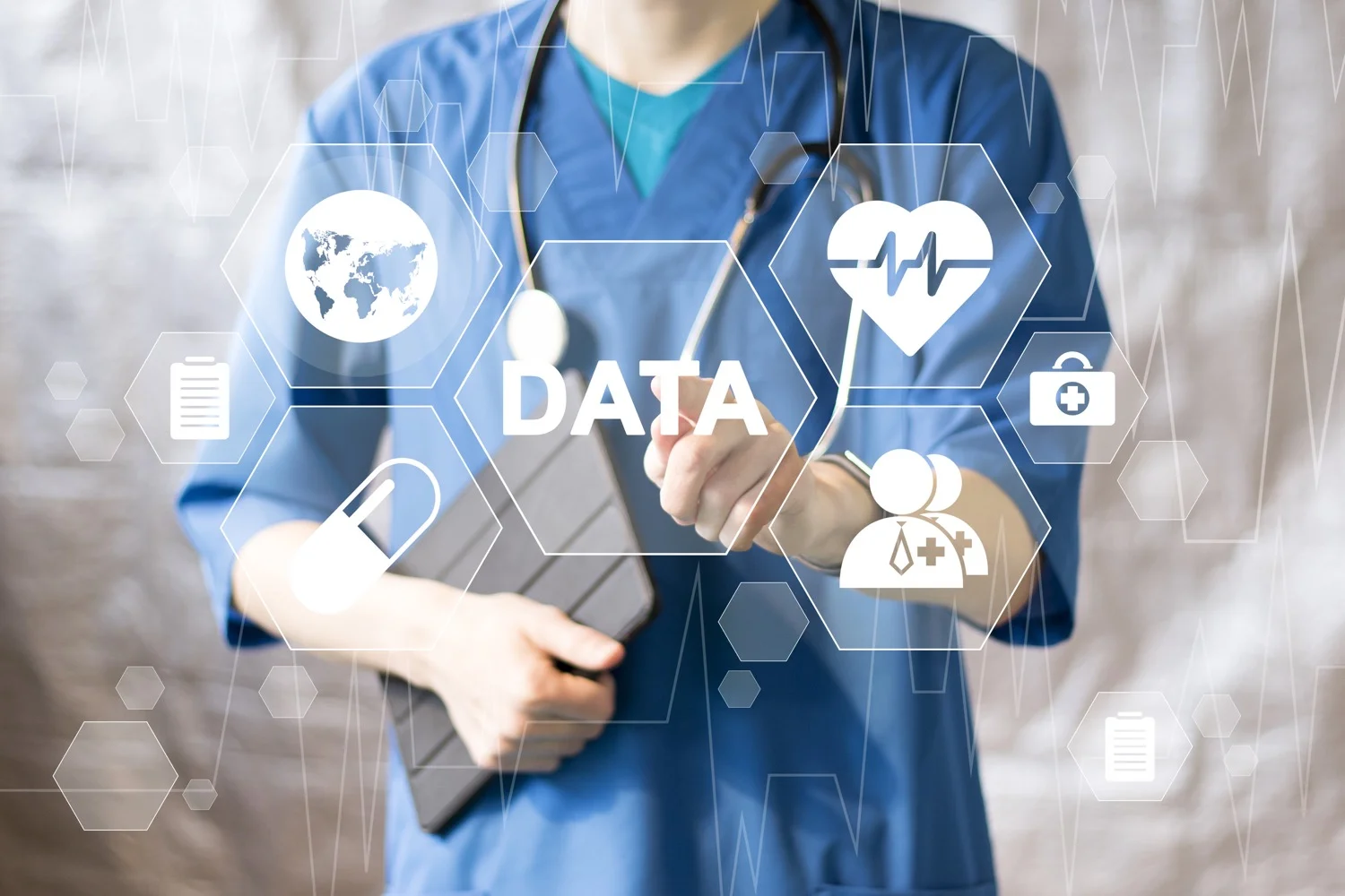 Doctor pushing button data service virtual healthcare in network medicine..jpg