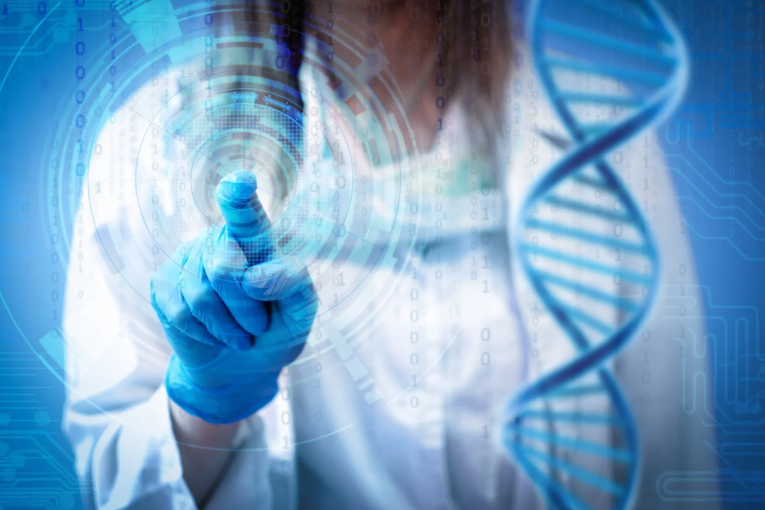 Female doctor or nurse touching futuristic hologram screen. Genetic, medicine and innovative technologies concept..jpg