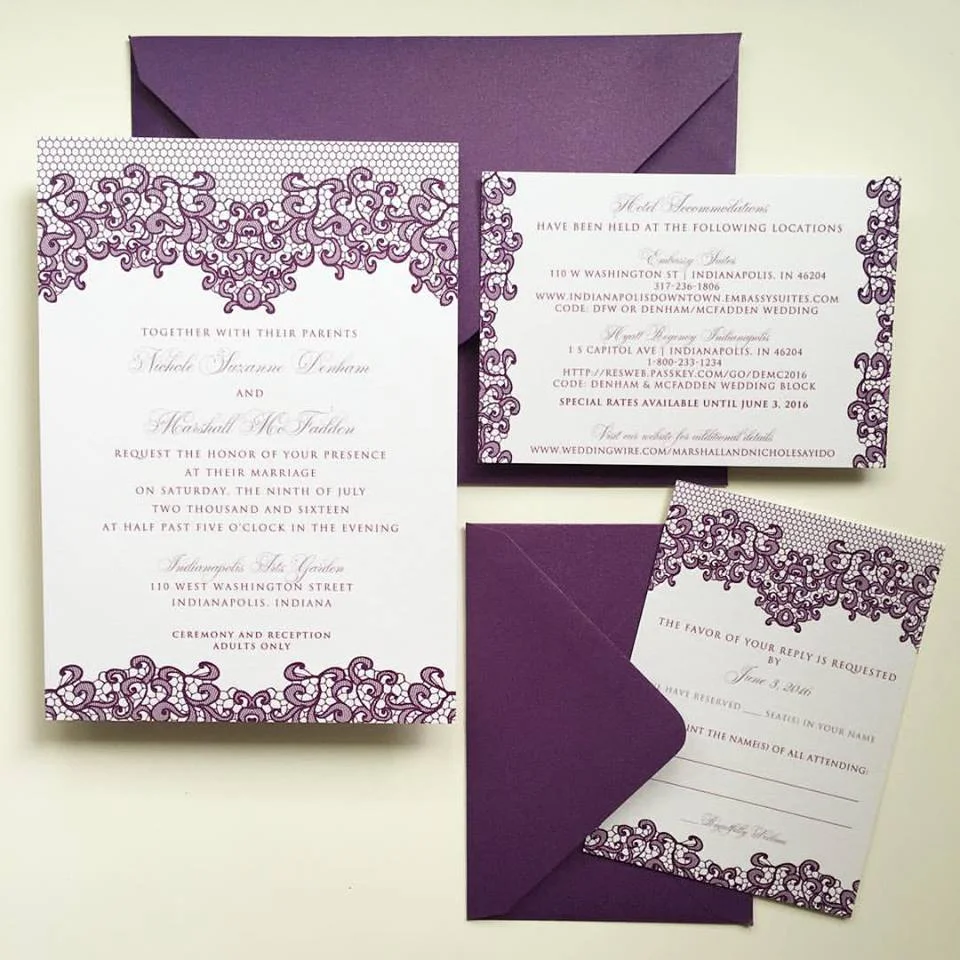Customized in a color palette of white, orchid and violet. Upgraded with color mailing envelopes.
