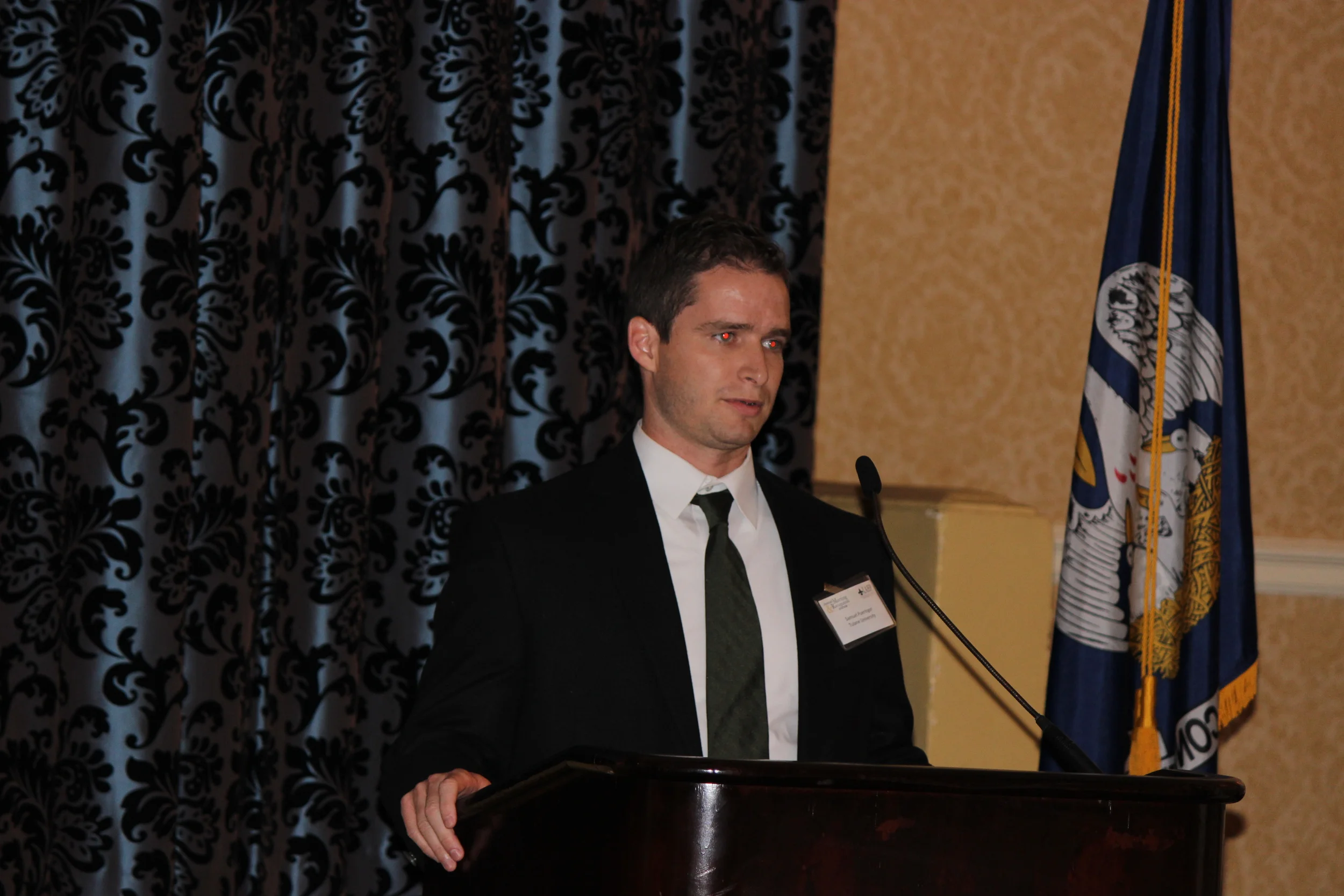  Sam Pueringer of Tulane University gives his thanks as a selected recipient of the Gil Dupre' Graduate Student Scholarship 