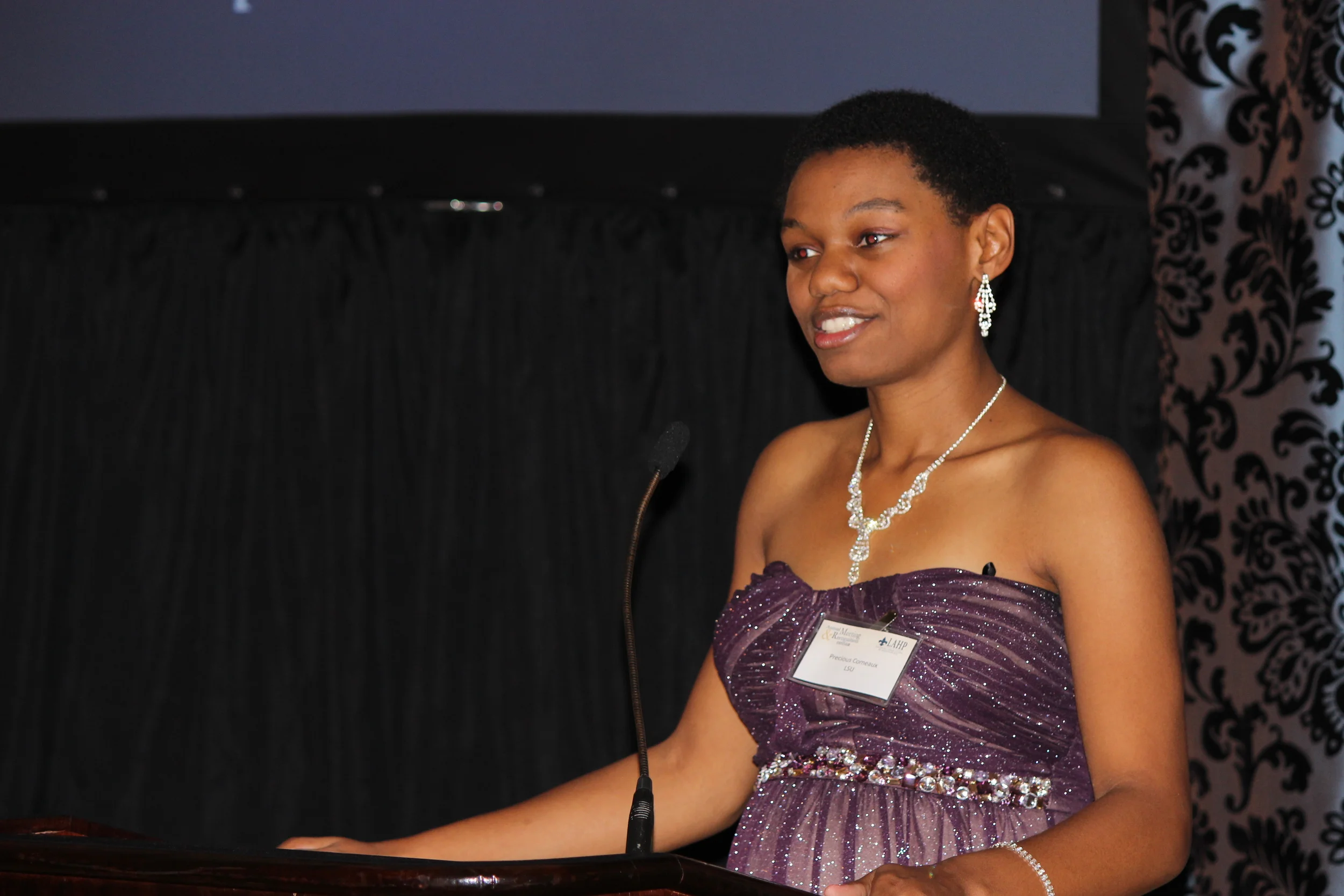  Precious Comeaux of LSU gives her thanks as a selected recipient of the Gil Dupre' Graduate Student Scholarship 