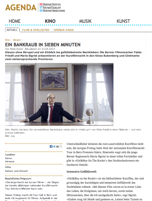 Zeitungsbericht " Hold up http://agenda.bernerzeitung.ch/kino/kino/Ein-Bankraub-in-sieben-Minuten/story/20655499/