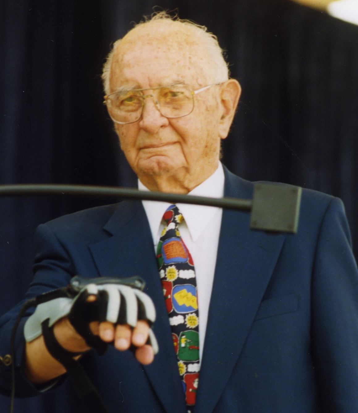 Fred Keller operating the robot during the groundbreaking ceremony.