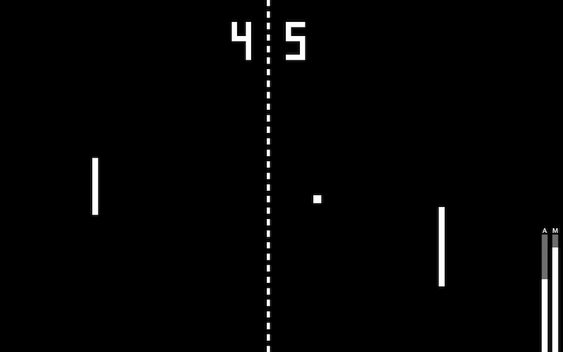 Paddles grow and shrink because of the spectator’s involvement in the game. The bars at far right are readings of spectator involvement.