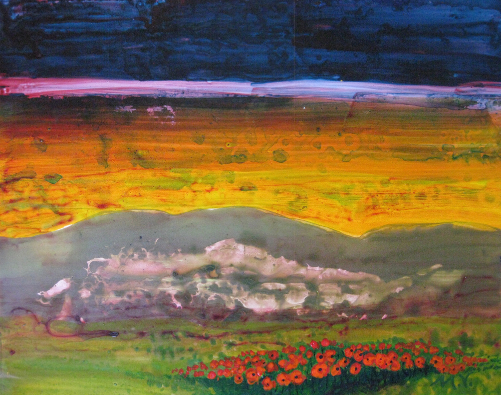 "Sunset near Vienne" by Mary Virginia Hill - 11 x 14 - Acrylic on Yupo Paper