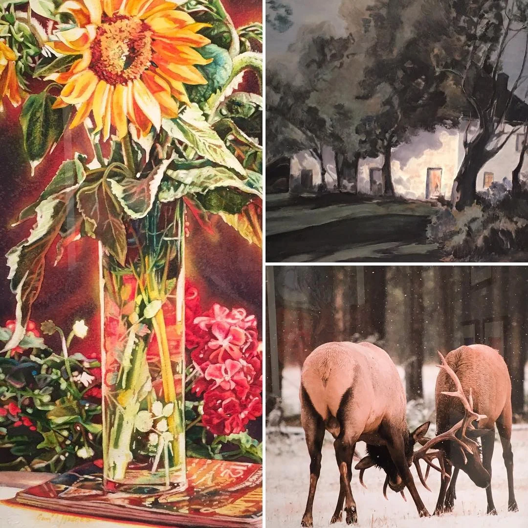 Clockwise from left (details): “Living in Light” by Gwen Talbot Hodges, “House in Evening” by Jean Hundley, “Elk” by Cindy Singletary. Join us for an opening reception with Louisiana Artists, Inc. on Sunday afternoon!