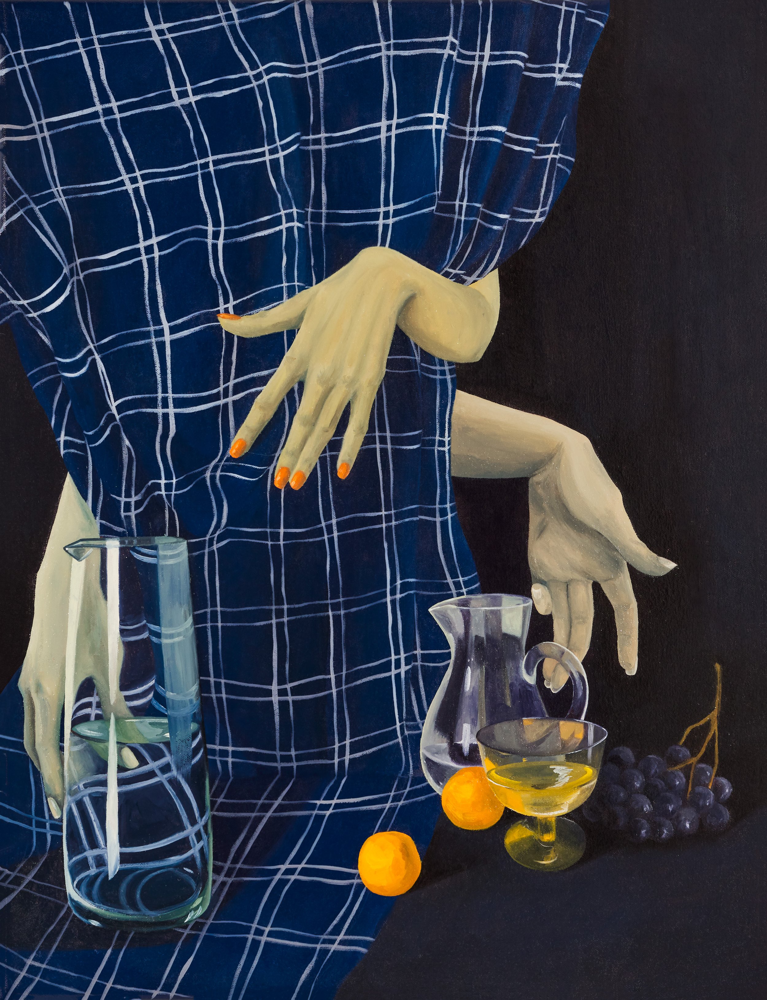  Plaid cloth, fruit and Nanna's glassware, 2020  oil on canvas  60.5x46.8 cm 