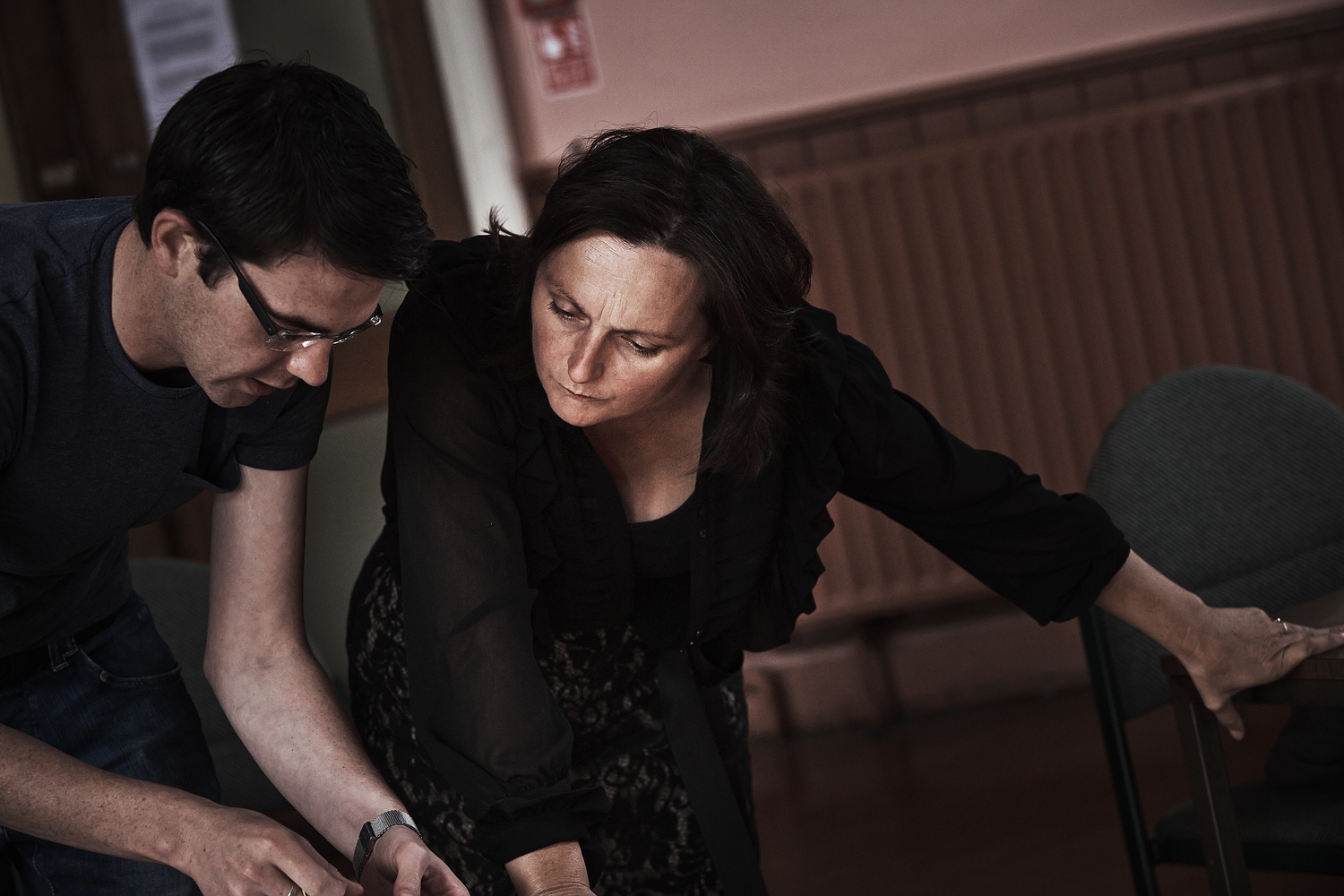 Diarmuid O'Quigley (Stage Manager) and Judy Hegarty Lovett (Director) in rehearsals for Waiting For Godot. Photo by Ross Kavanagh.