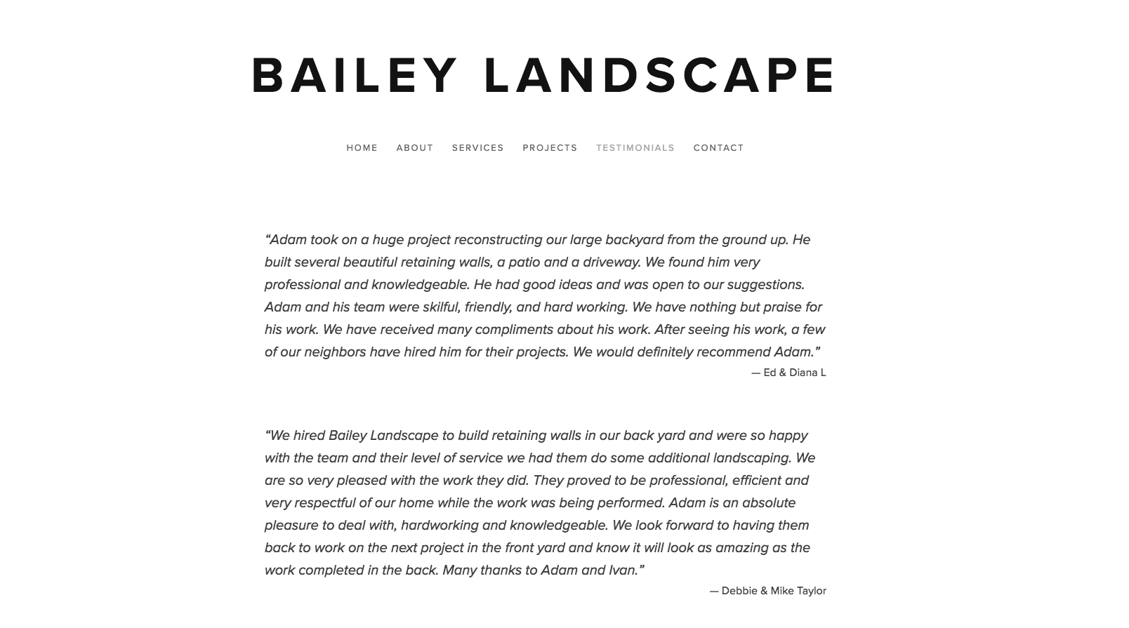 "Testimonial" page with text which can be supplemented with video testimonials later. 