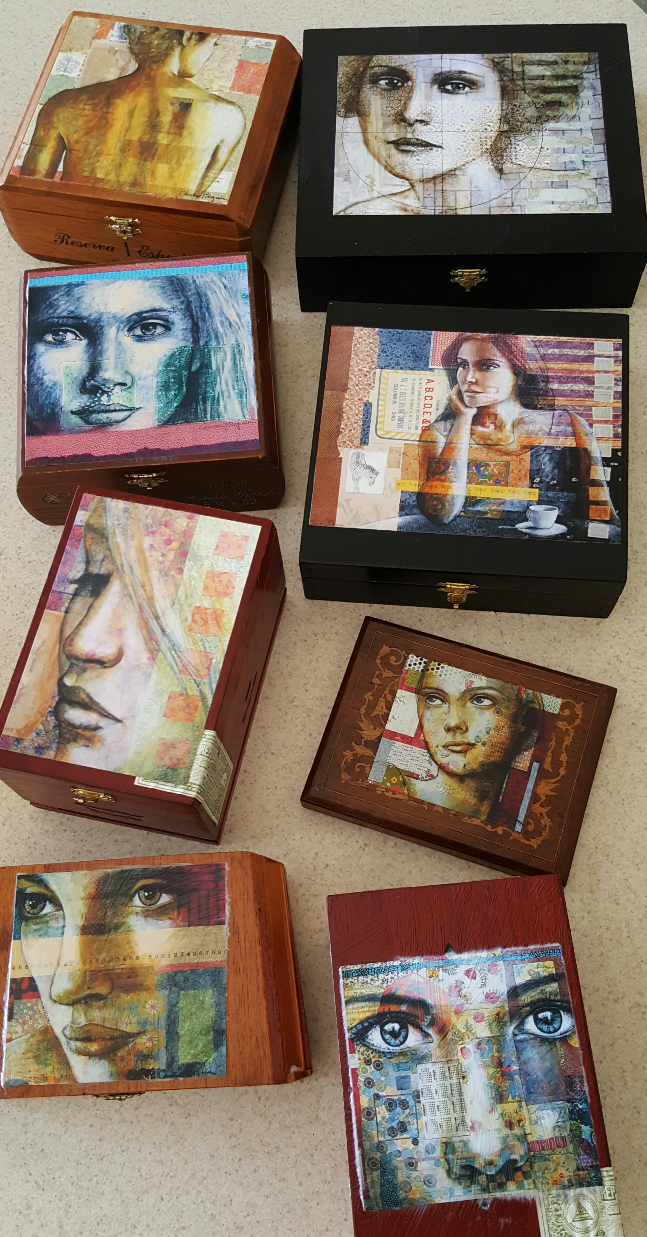 Prints on cigar boxes. These are all one of a kind. Please email me for pricing and info. $55-$95