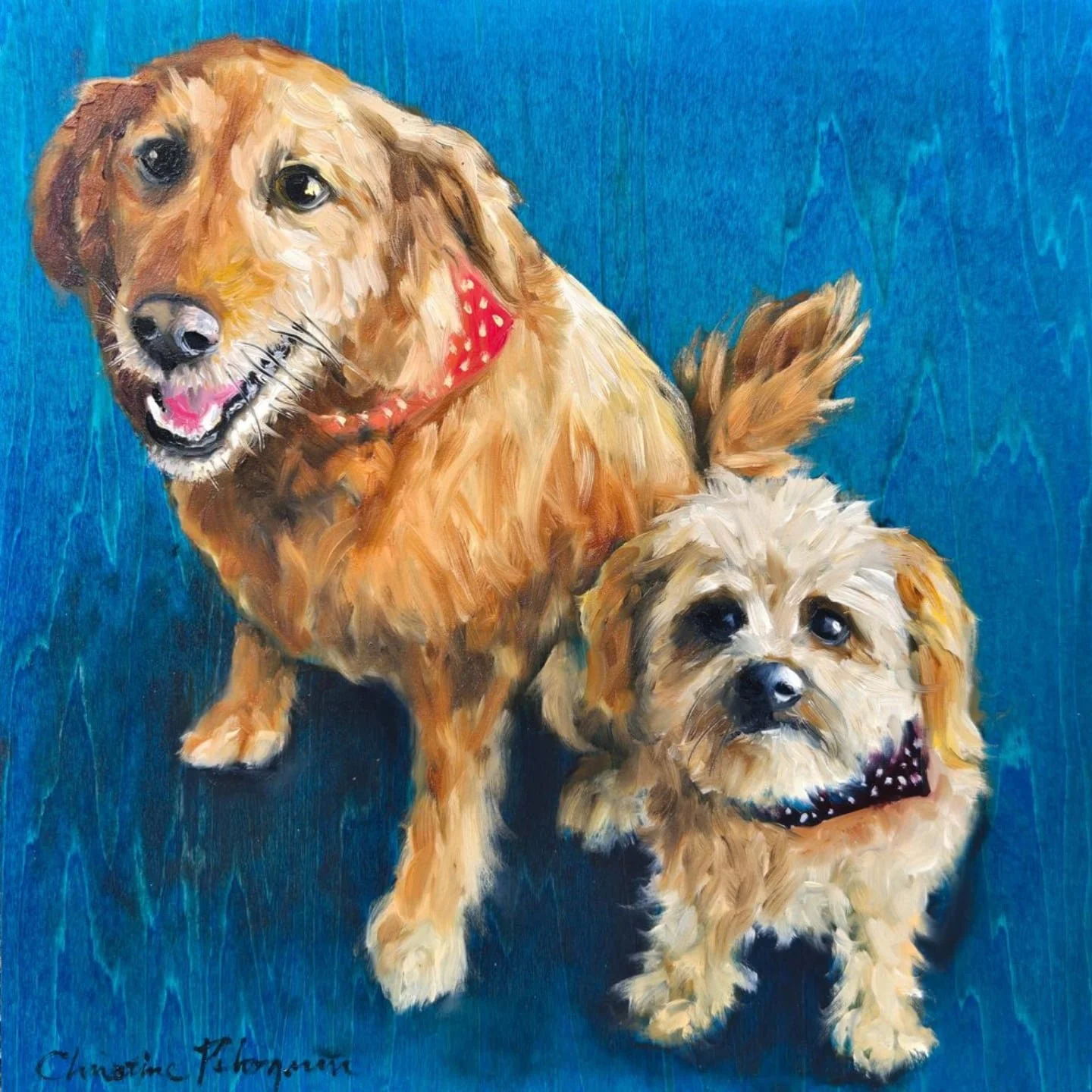 Latest dog commission! I love painting sweet dogs, but the true love is the grandson who commissioned this for his grandma who lost these sweet babes. Be still my heart. Love all around!❤️❤️❤️ Enjoy Grandma!!

 #christinepeloquinart #christinepeloqui