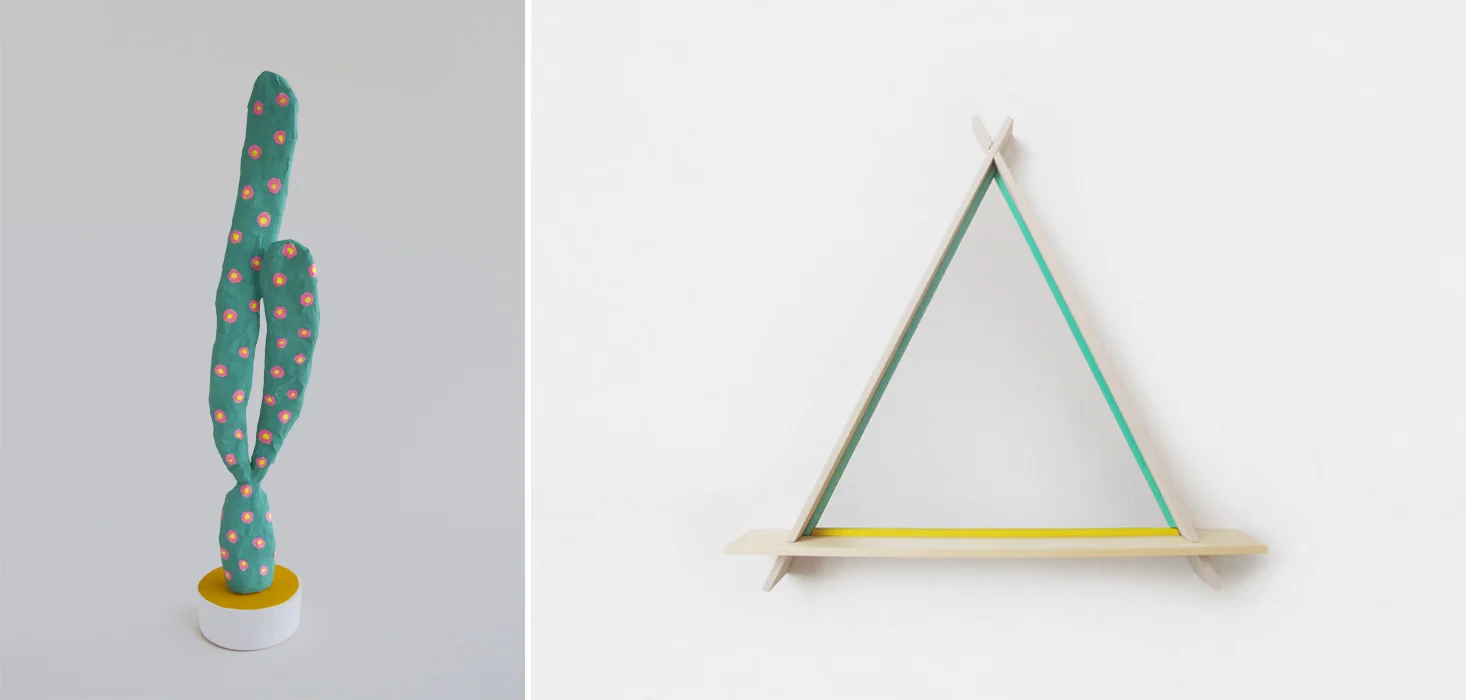Left to right: Untitled, Two-Arm Veronese Cactus and A-Frame Mirror in Nudes and Greens .