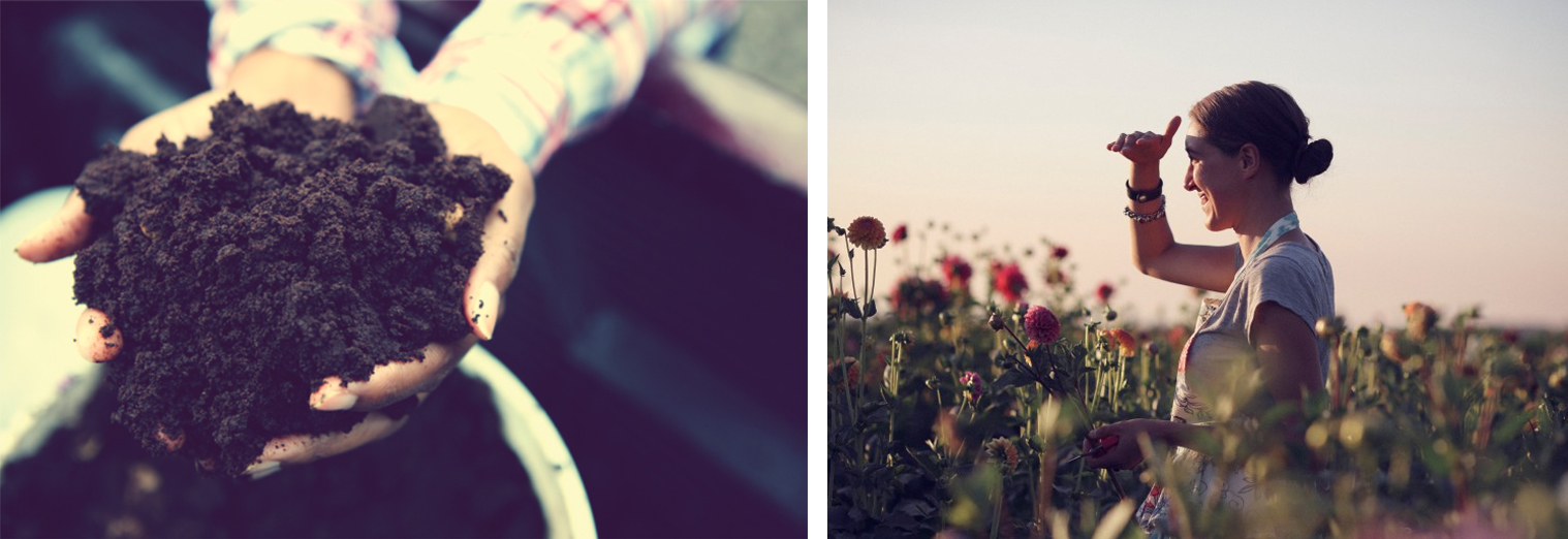 Left: Composting at Detroit Dirt . Right: Erin Benzakein of Floret .