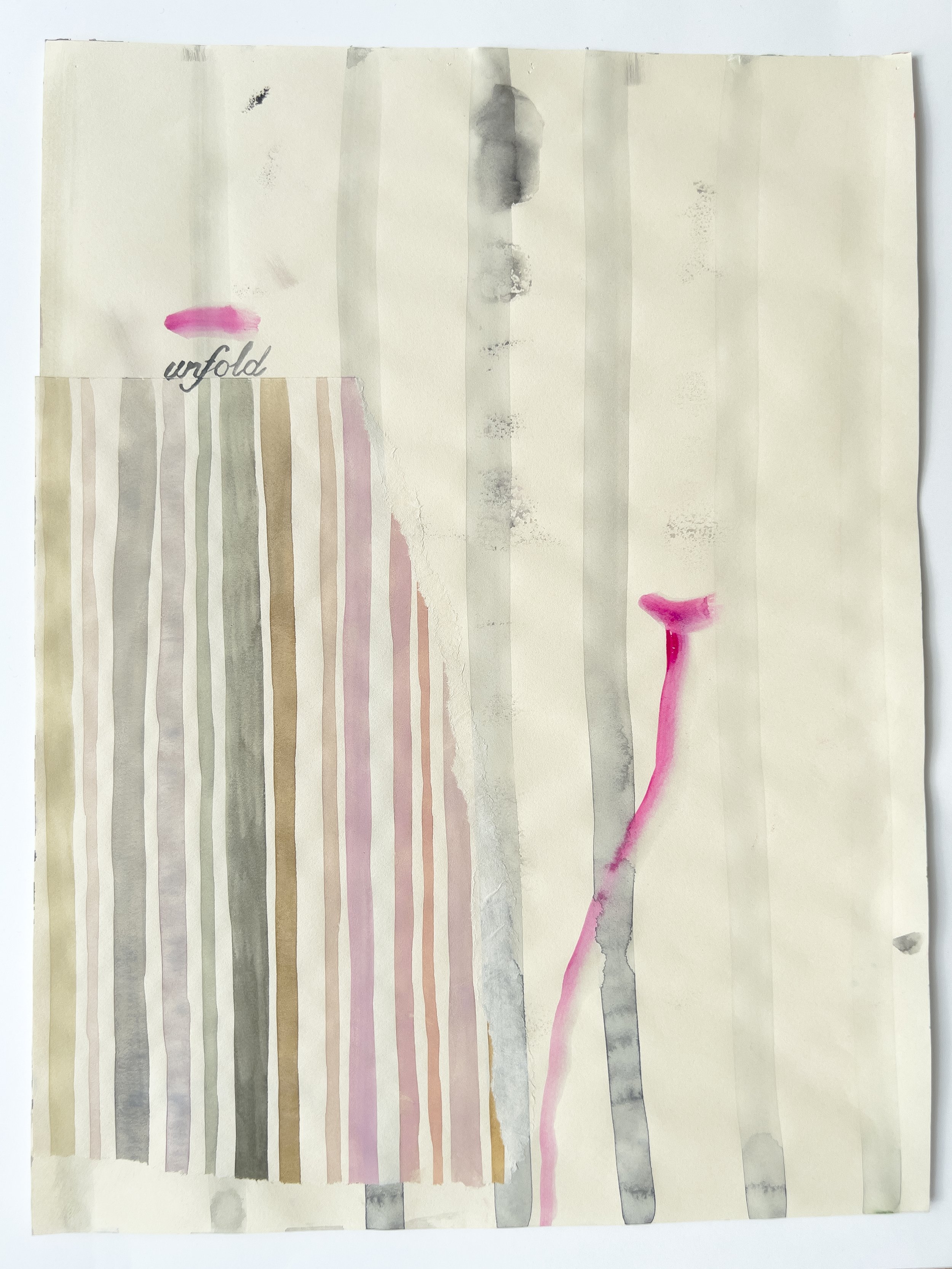  2023:  “. . . but is it psychoanalytic?”  Unfold, 2022 Julia Kuhl Watercolor and collage on paper 12 1/2 x 9 1/2 in, 31.8 x 24.1 cm 