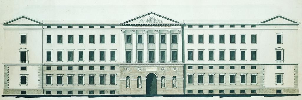Christiansborg Slot. Af C.F. Hansens mange byggeopgaver i København var den største genopførelsen af Christiansborg Slot, der var brændt i 1794. Opgaven fik han overdraget i år 1800, og selve bygningskroppen stod færdig i 1822. Slottet brændte desværre igen i 1884. Tegning © Kunstakademiet