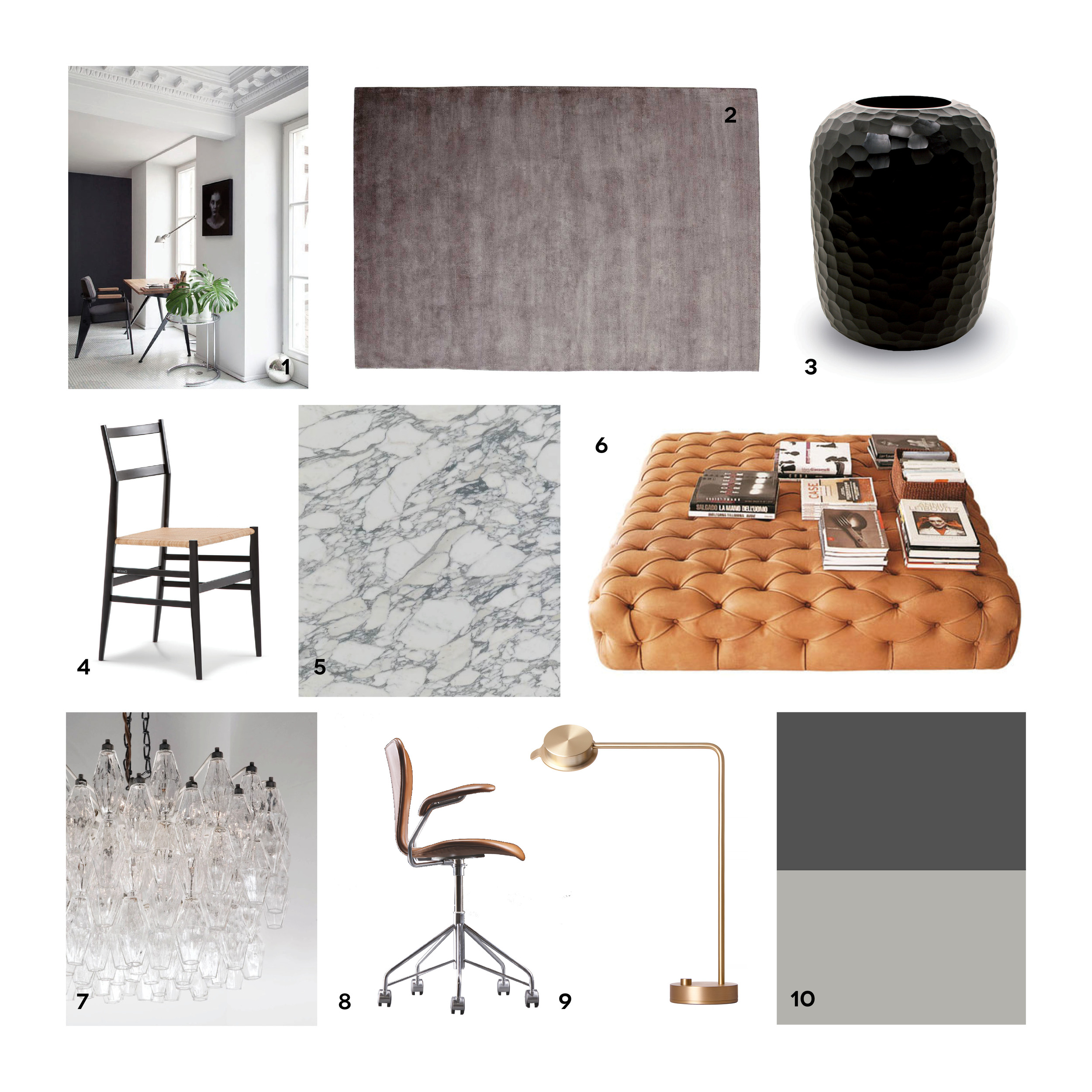 1. Campas Direction-skrivebord af Jean Prouvé, Vitra 2. Tæppe model Butterfly fra Nanimarquina 3. Vase fra The Architects Choice, model Bambola i sort 4. Gio Pontis Superleggera-stol fra Cassina 5. Arabescato Carrara marmor 6. Pouf capitonné fra De Padova 7. Carlo Scarpa-lampe for Venini 8. Kontorstol af Arne Jacobsen, model 3217 fra Fritz Hansen 9. Bordlampe model Chipperfield w102 fra Wästberg 10. Grå toner NCS S1500-N/S5000-N