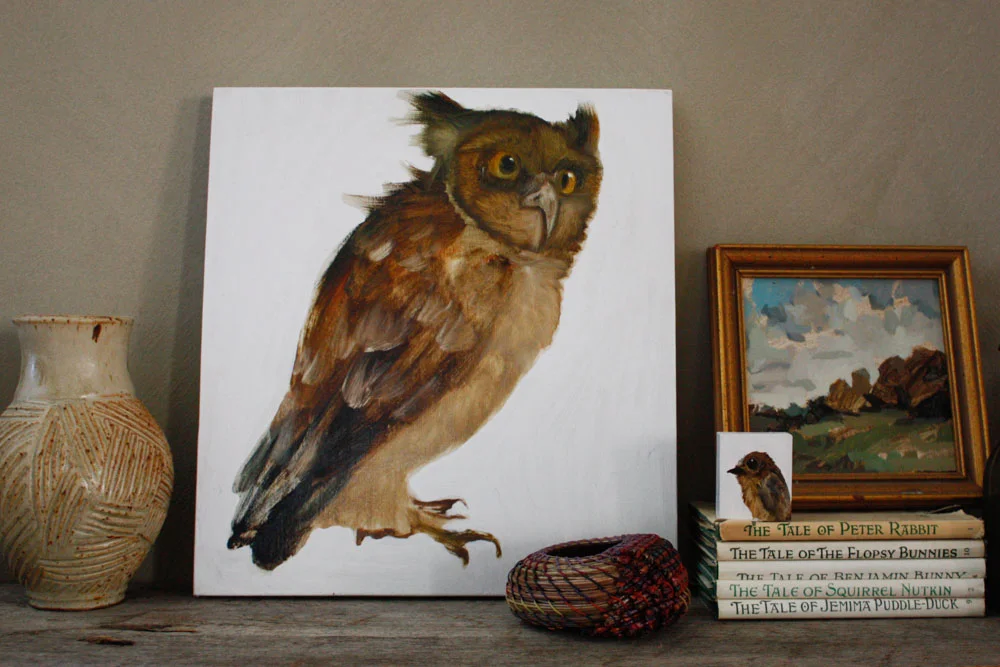 Vase: April Schwingle, Woven Pine Needle Basket: Clay Burnette, Bird paintings: Diane Kilgore, Landscape Painting: Annie Koelle