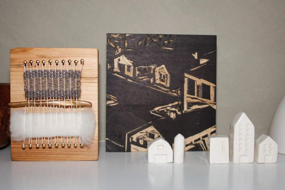 Block Loom: Mary Hamby, Section of Original Wood Block: Kent Ambler, Clay Houses: Crave Studio