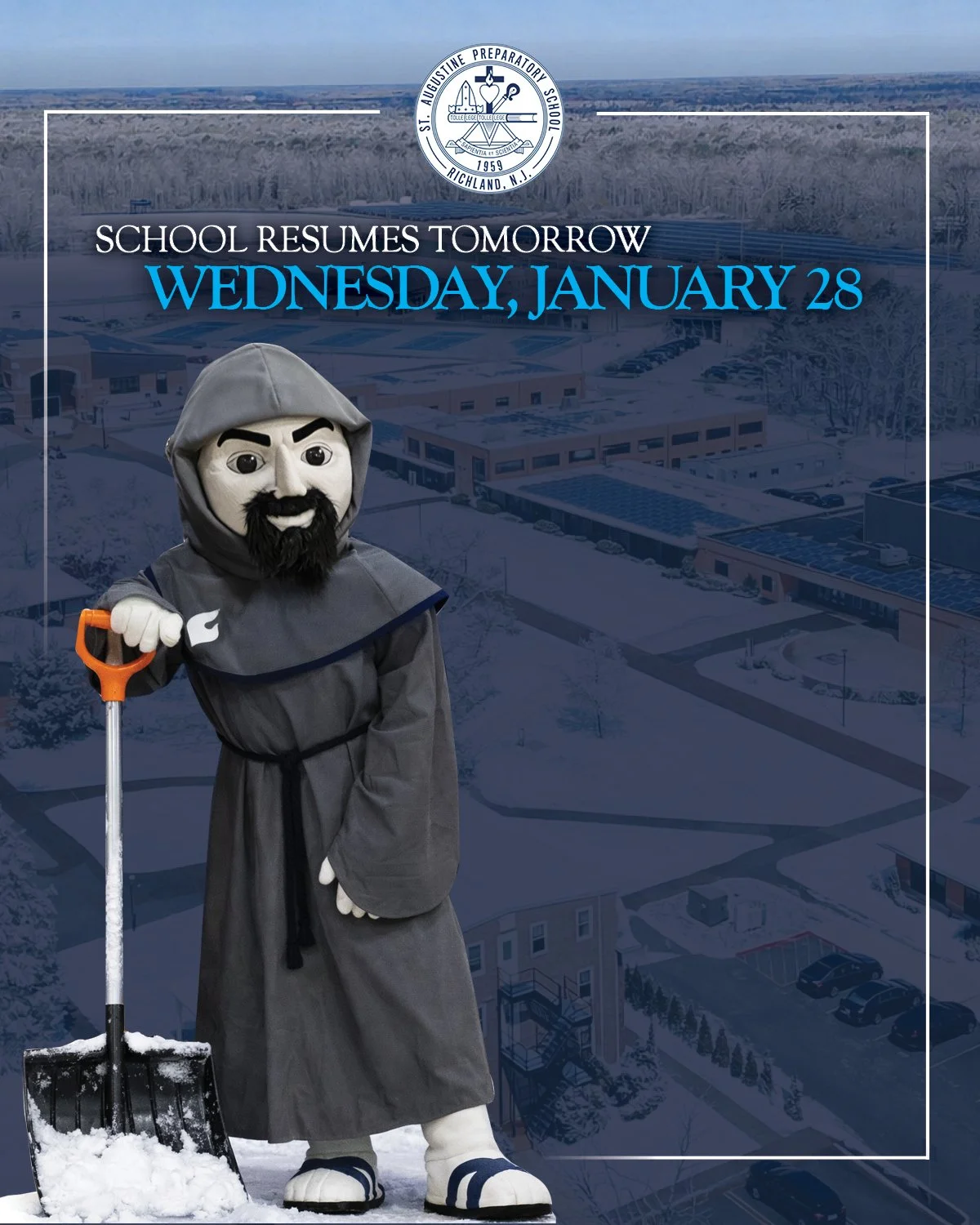 Hermits, we'll see you tomorrow morning!

Classes resume tomorrow, Wednesday, January 28.

A big thank you to Mr. Hale, our Assistant Dean of Student Leadership and Director of Campus Safety &amp; Facilities, and to his dedicated and hard-working sta