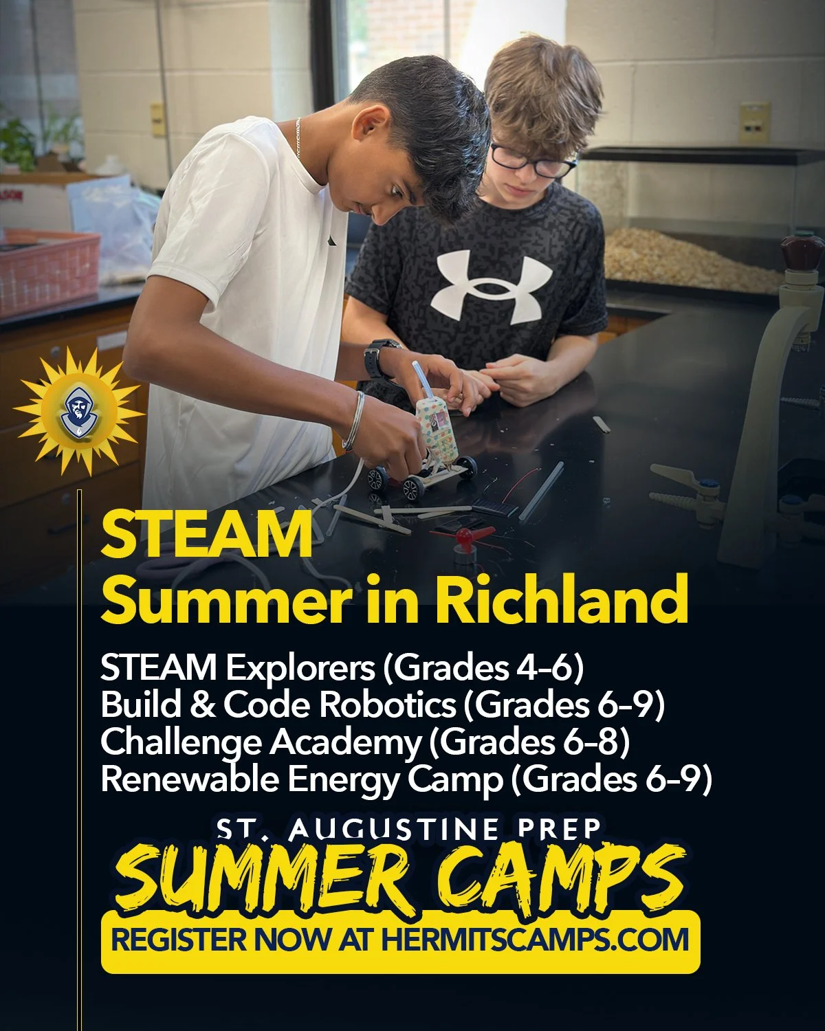 Full steam ahead toward #SummerinRichland. ☀️

Building. Coding. Competing. Creating.

Our STEAM Summer Programs at St. Augustine Prep give boys and girls entering grades 4-9 the chance to think like engineers, solve real challenges, and bring ideas 