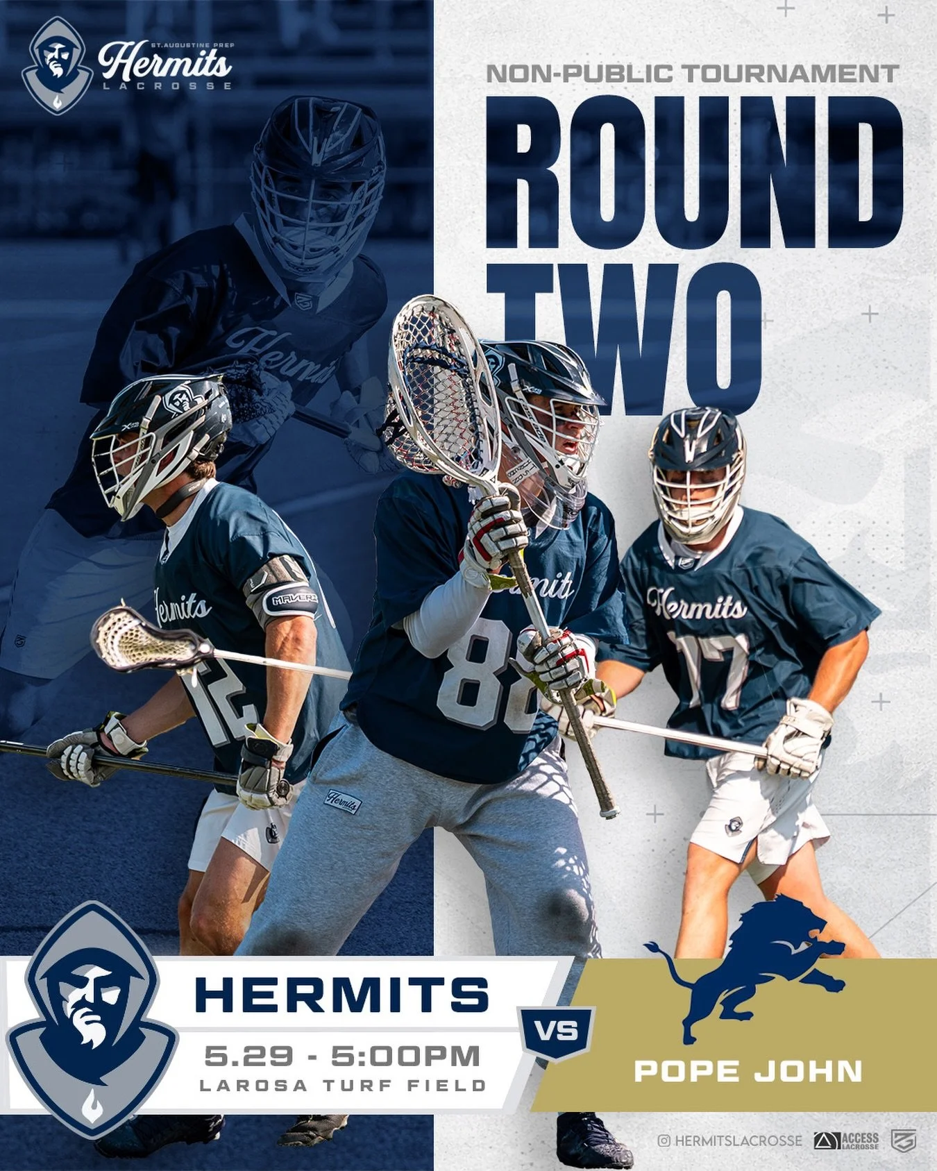 𝙏𝙄𝙈𝙀.

Hermits vs. Pope John XXIII (NJ)
🗓️ 5.29.26
🕠 5 PM
📍 Richland, NJ
🏟️ Fr. Steven LaRosa Stadium
🖥️ Info &amp; @accesslacrosse Livestream In Bio