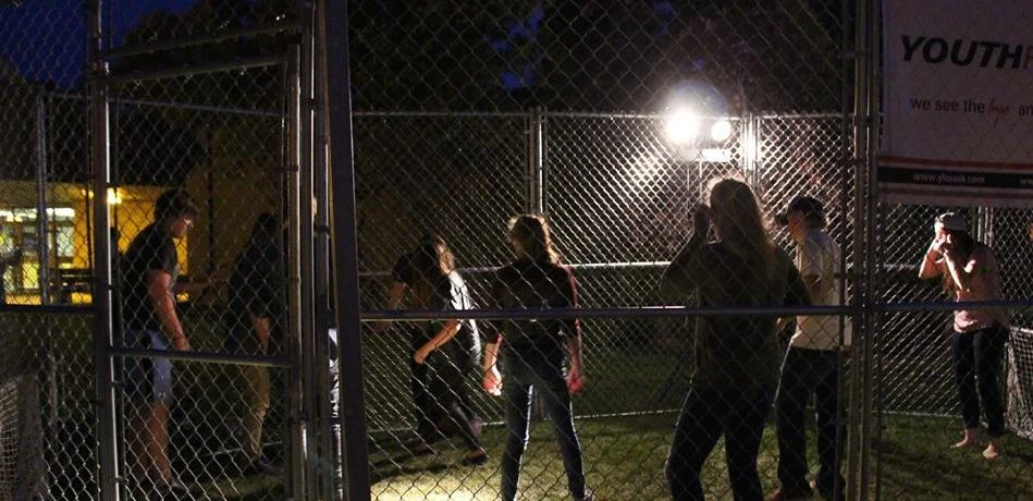 The soccer cage in use at D4. It consists of 10 6'x8' panels that are quick-clamped together to make a 12'x20' soccer area. These panels are hauled in the back of the RV.