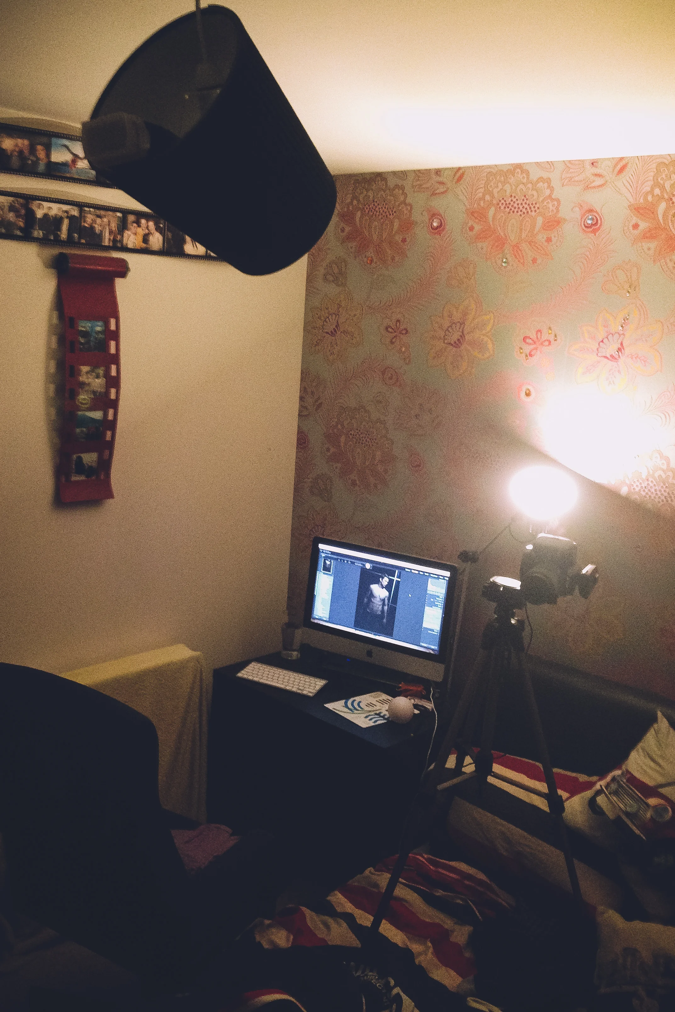 iPhone picture of the set-up. Nikon D7000 with Sigma 35mm F1.4, tethered to Lightoom 5 on iMac. Camera set at 1/25, f8, ISO160. SB600 triggered by Cactus V5's balanced in ceiling lamp shade.