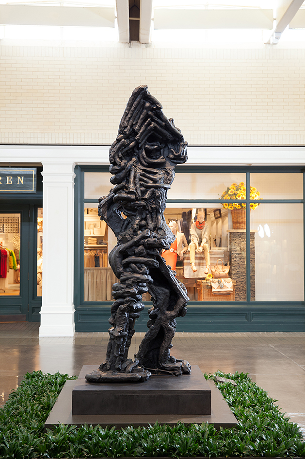 Thomas Housago (British, born 1972) Yet to be titled (peeking figure) , 2012 | Tuf-Cal, hemp, iron rebar, wood