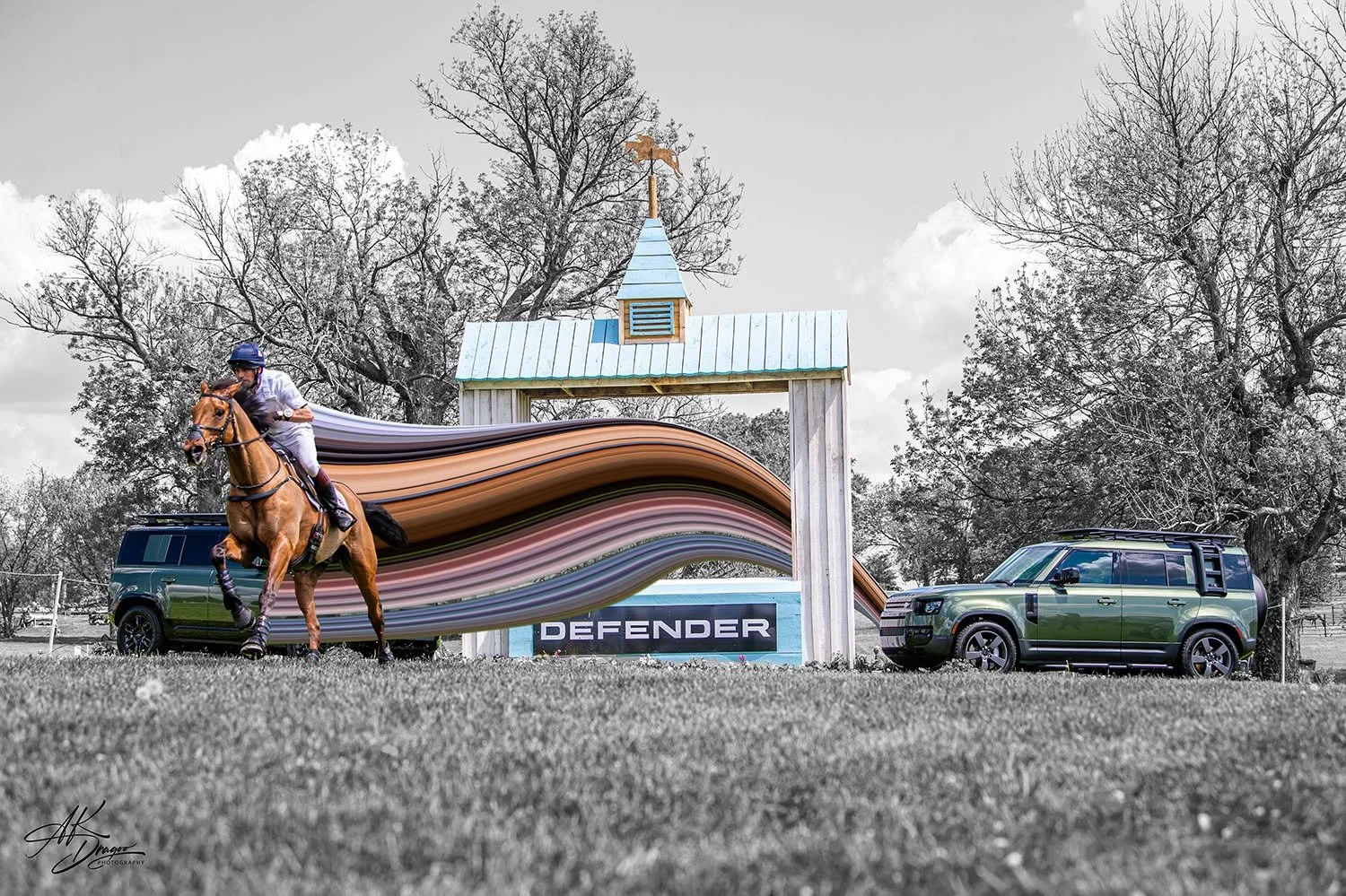 Routines become ruts so easily, so in an effort to make myself see/think differently, and learn new things...I present you with a photo from a remote camera placement at the final fence of the Defender Kentucky Three-Day Event,  with a little extra p