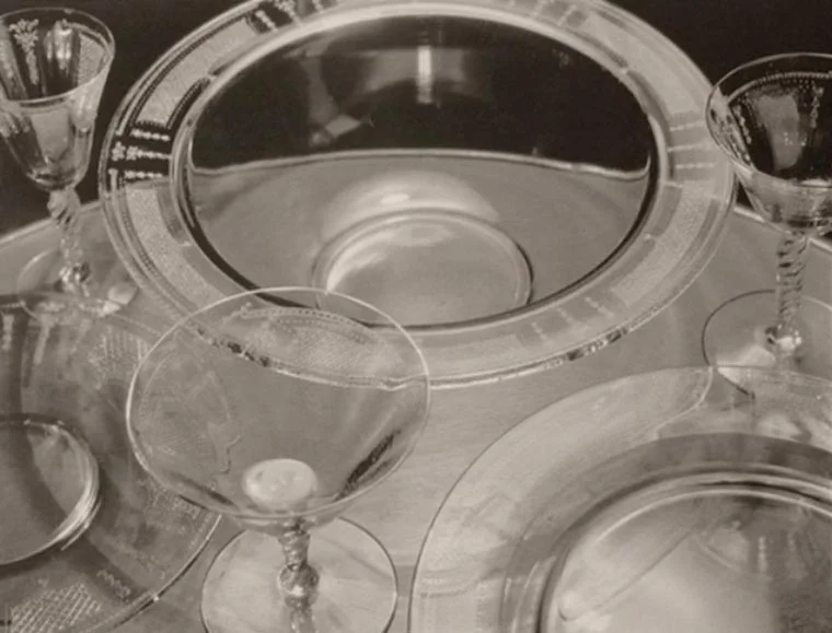 Untitled Still Life, (table w/ glass bowls & glasses), 1928 vintage platinum/palladium print 6.25 x 8.5 inches
