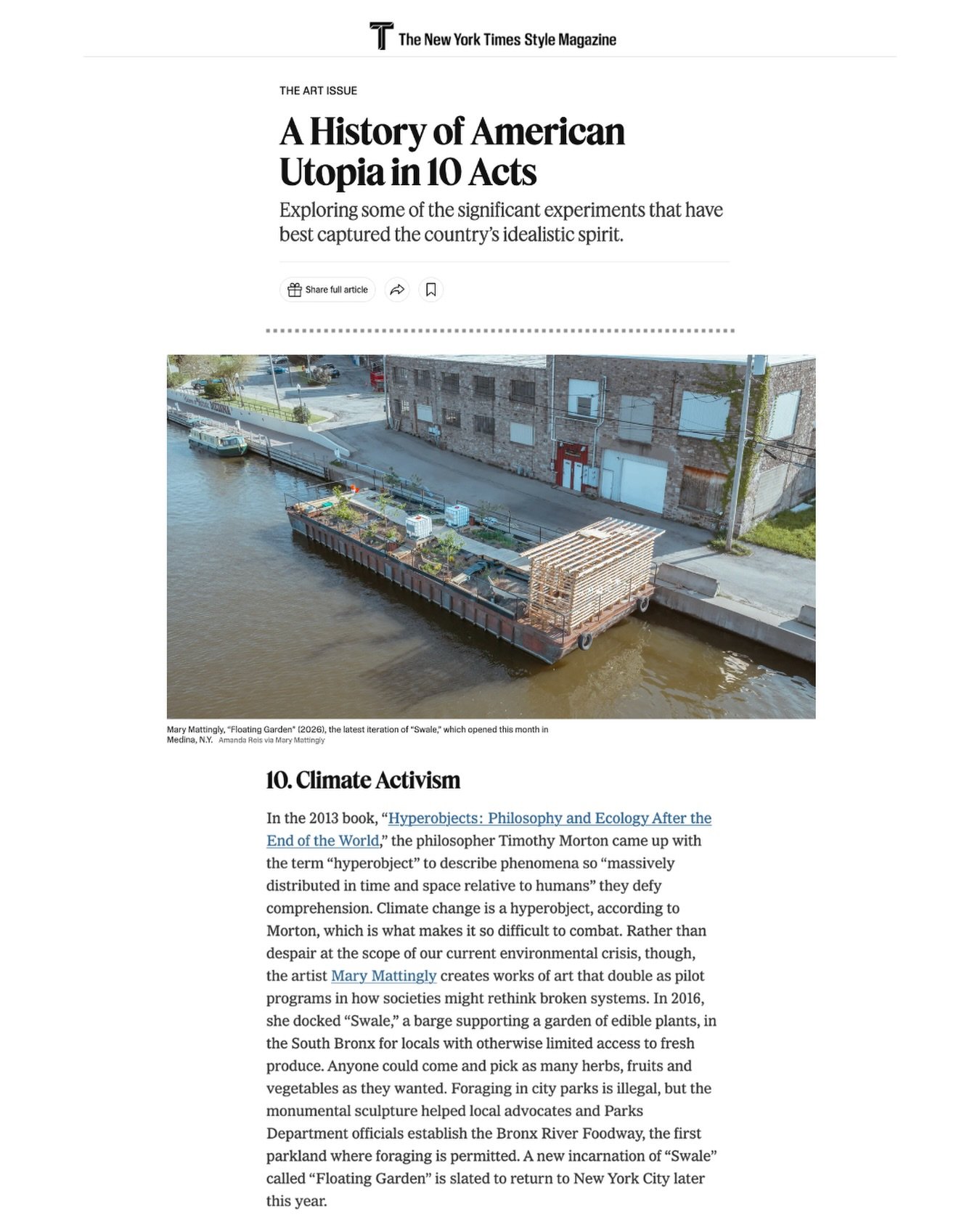 Just released: The New York Times has listed Mary Mattingly as a key artist among ten American movements envisioning utopia across the country&rsquo;s history. Mattingly is highlighted for her work in climate activism, noting her floating barge, Swal