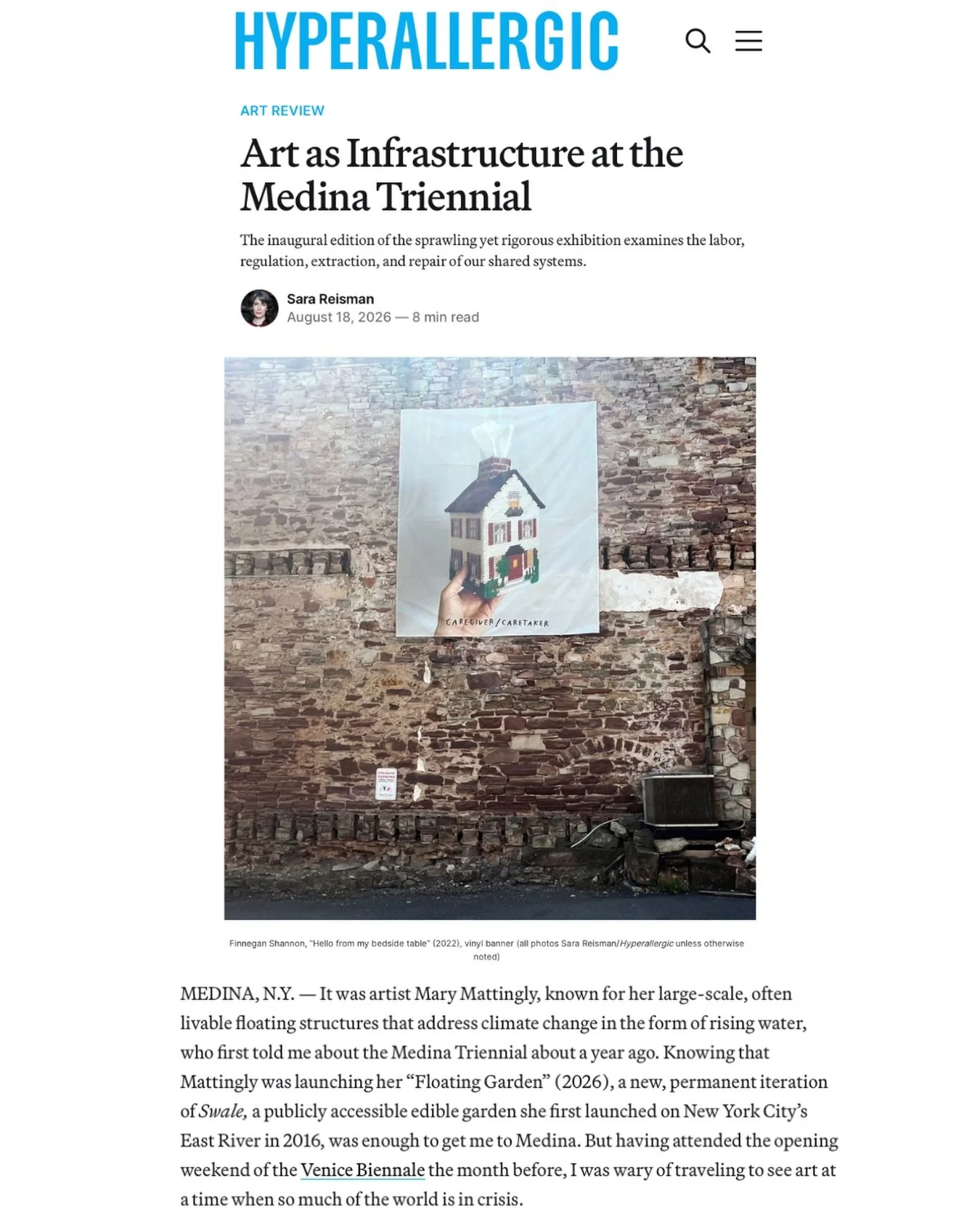 Congratulations to Mary Mattingly on her feature in Hyperallergic&rsquo;s review of the Medina Triennial. Mattingly&rsquo;s work, Floating Garden, is included in the inaugural edition: a 30 by 80 foot barge where Mattingly has constructed a garden, s