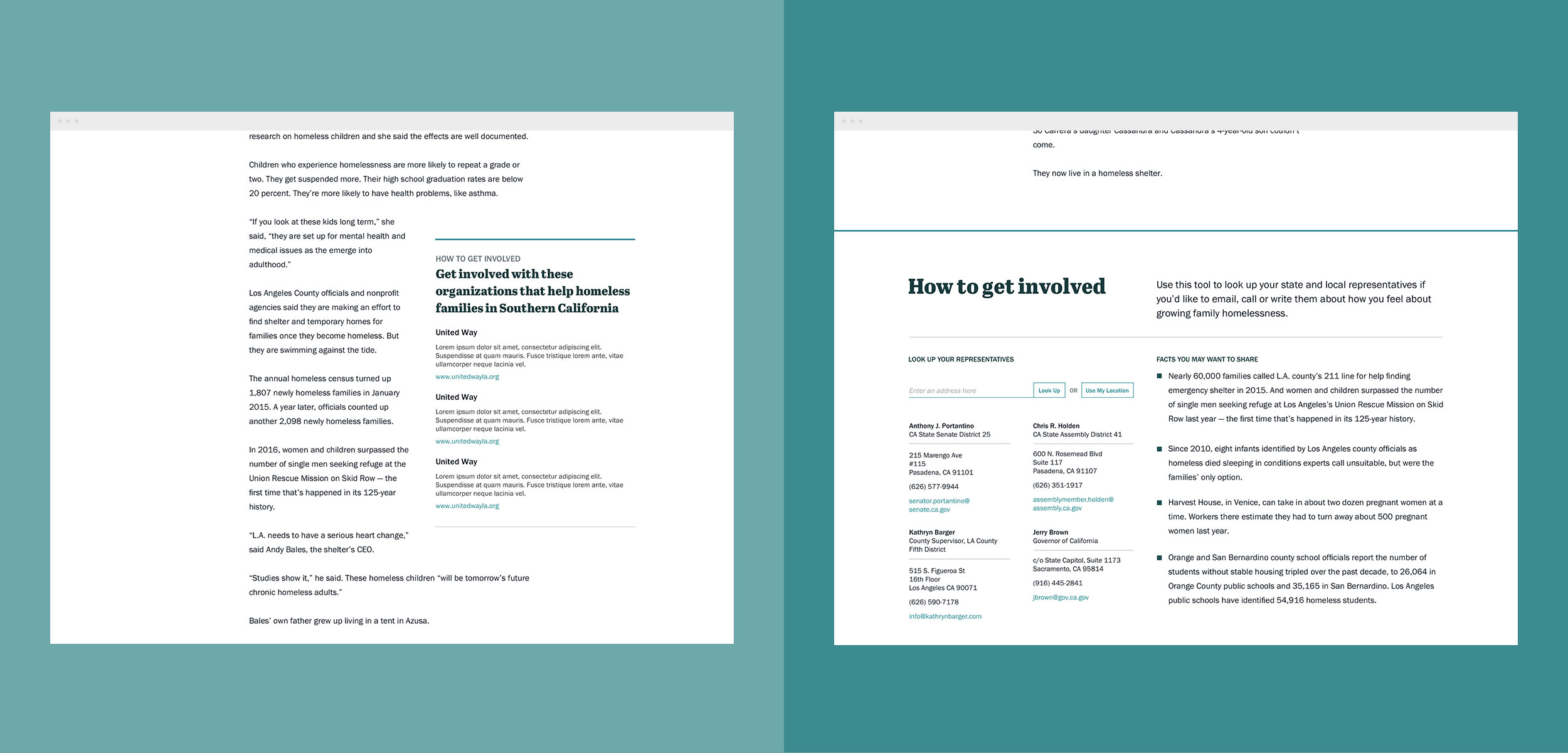 The piece encouraged visitors to go beyond reading the article by getting involved in their community. It included a new tool to help users look up and contact their state representatives.