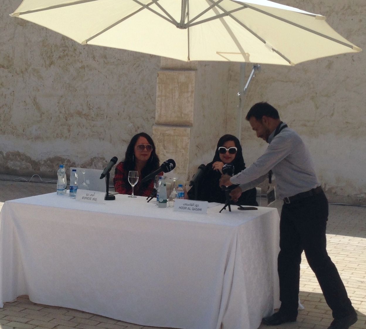 Hoor Al Qasimi, president of the Sharjah Art Foundation (right) and Eungie Joo, curator of the Sharjah Biennial 12, at the launch press conference on March 5, 2015.