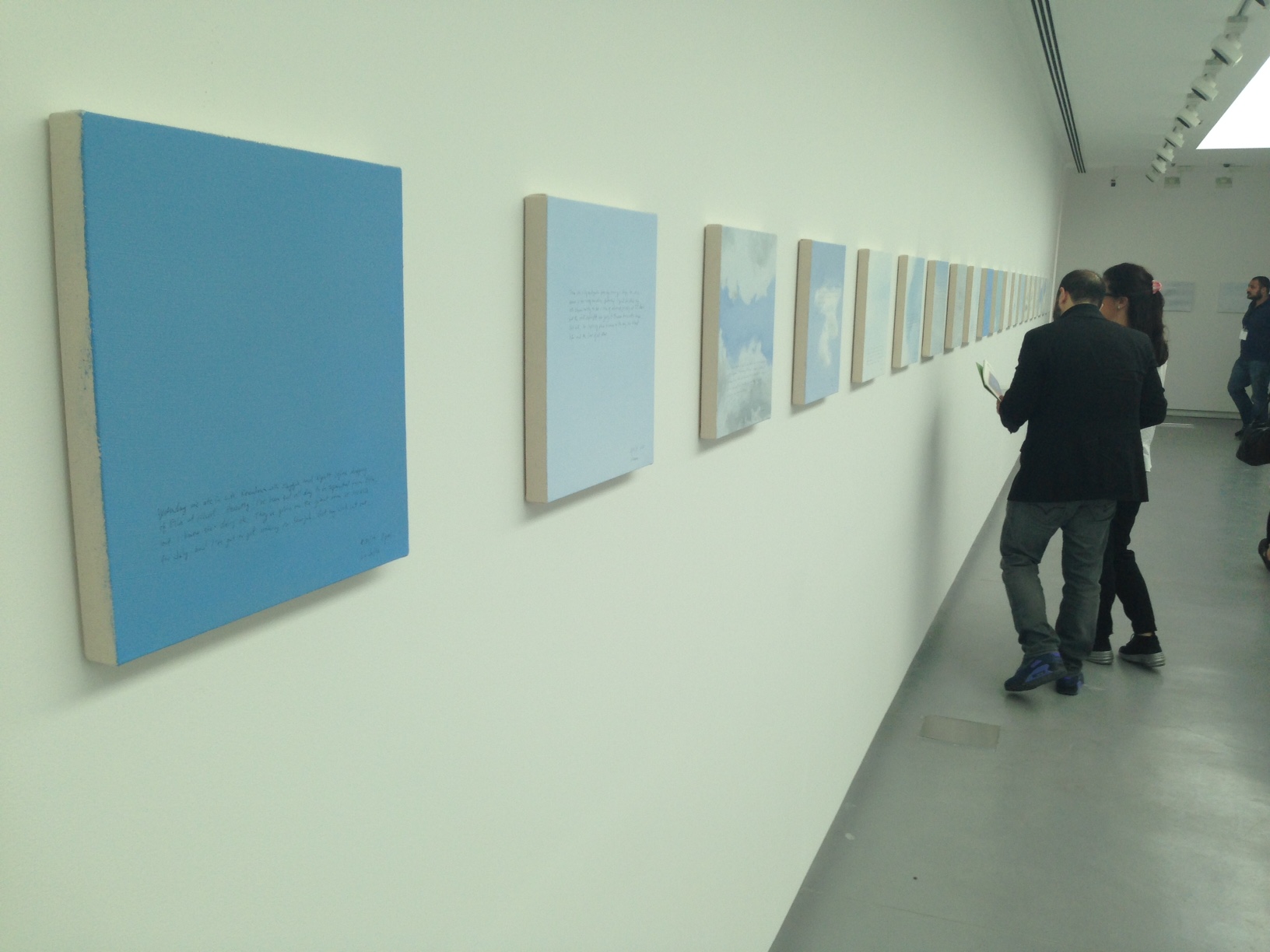 The artist has been painting small square canvasses of the sky every Sunday since 2001.