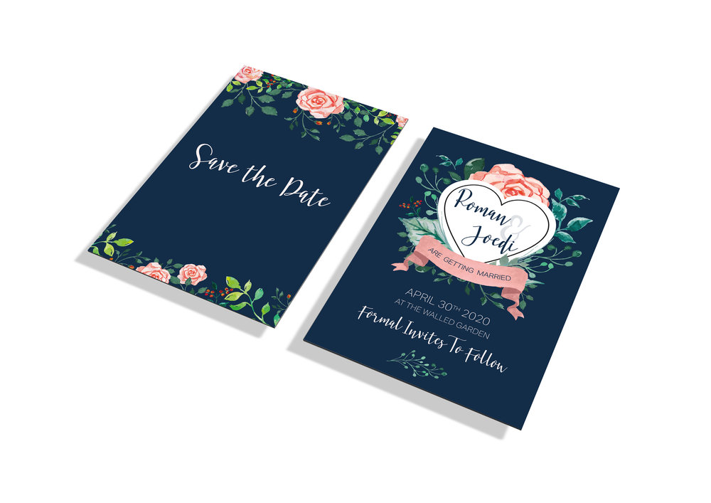 Navy and Floral Wedding Stationery Save the Dates