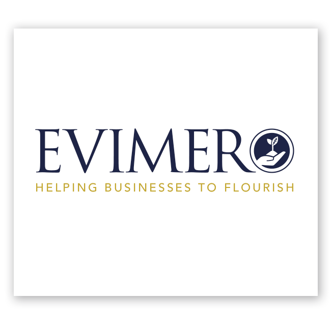 Evimero Business Design Logo - Helping Businesses to Flourish Navy and Gold (Copy)