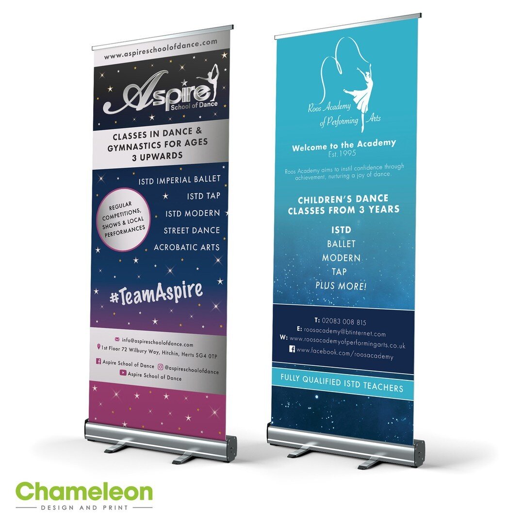Recently we got the chance to create these beautiful Dance School Roller Banners to match our Elite Uniform Designs ⭐️ 

Our 2m tall Roller Banners are only &pound;95 excl VAT with FREE Artwork design. Enquire at Chameleon today for more information!