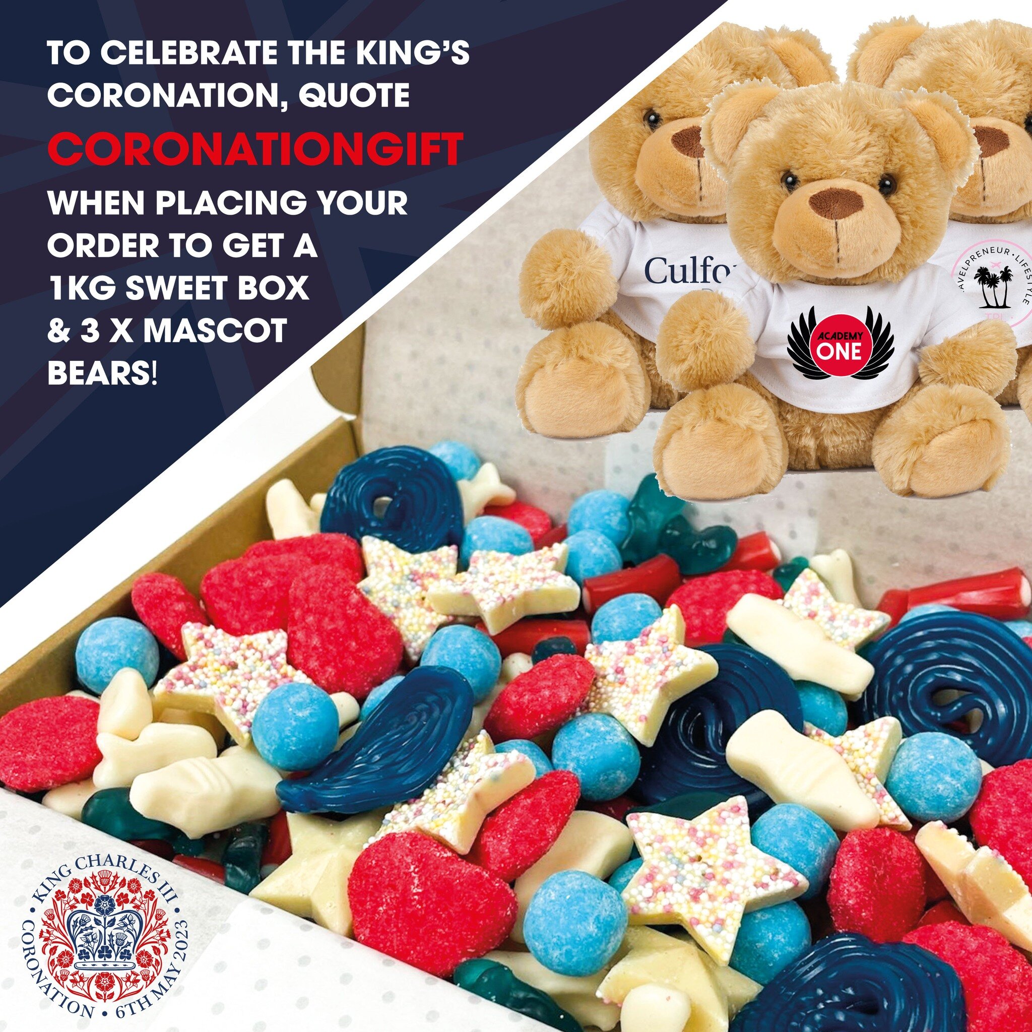 CORONATION OFFER 🇬🇧👑 To celebrate the Kings Coronation Offer, we have a 1KG branded sweet box &amp; 3 x Branded Mascot Bears up for grabs on all orders placed between 4th - 12th May 🤍 Quote code CORONATIONGIFT when placing your order!
.
.
.
#work