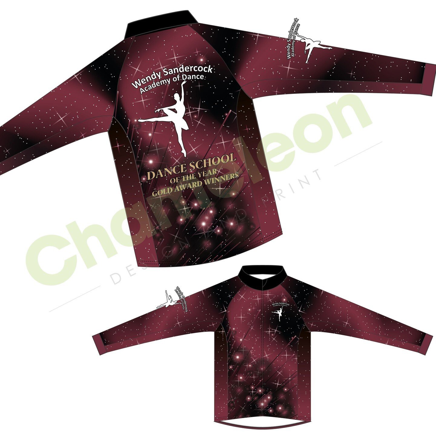 Stunning, star-spangled and glamorous, we created these beautiful dance school uniforms for our friends at the Wendy Sandercock Academy of Dance. With a poweful burgundy and black galaxy swirl design, these jackets are super stretchy, stylish and bre