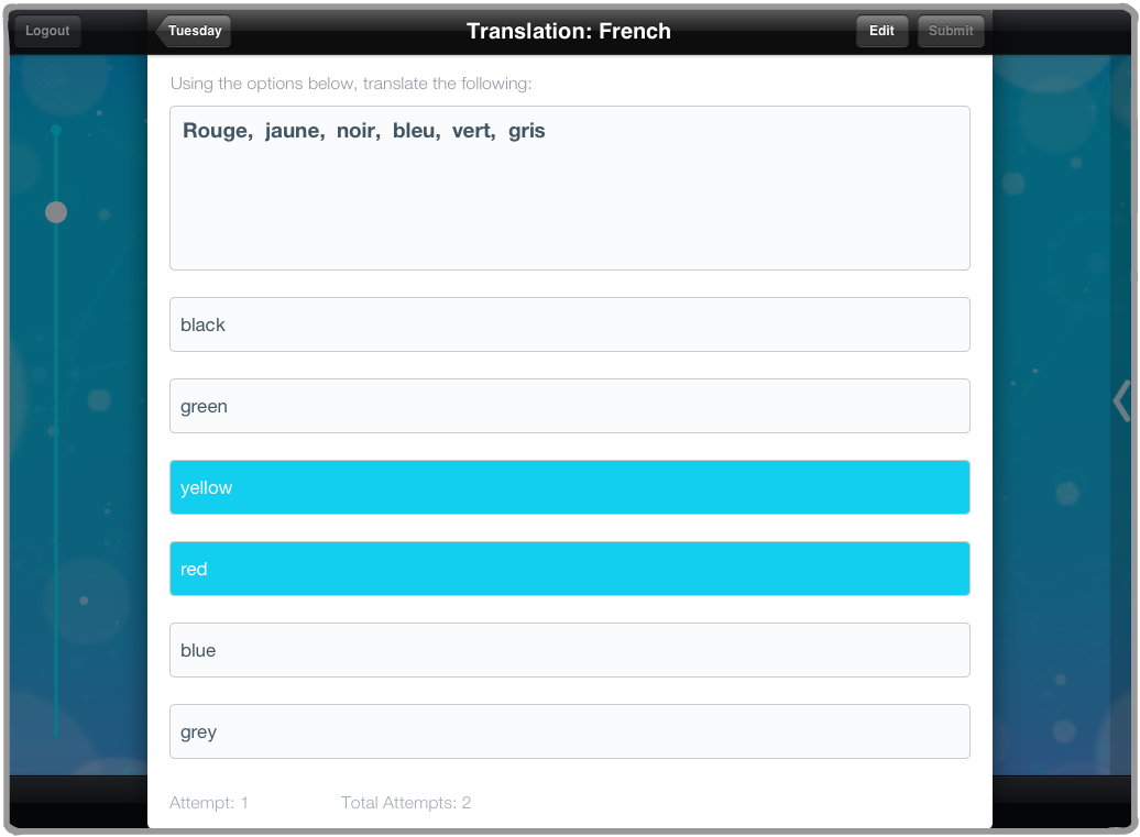 Quizzes (Multiple Choice, Translation) allow students to assess their knowledge, receive instant feedback, and make multiple attempts to master difficult concepts.