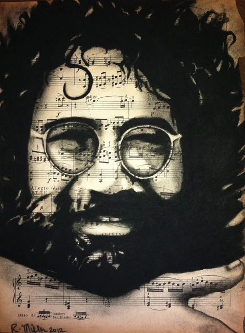 Jerry Garcia, 2012 Charcoal on antique sheet music, 9" x 12"
