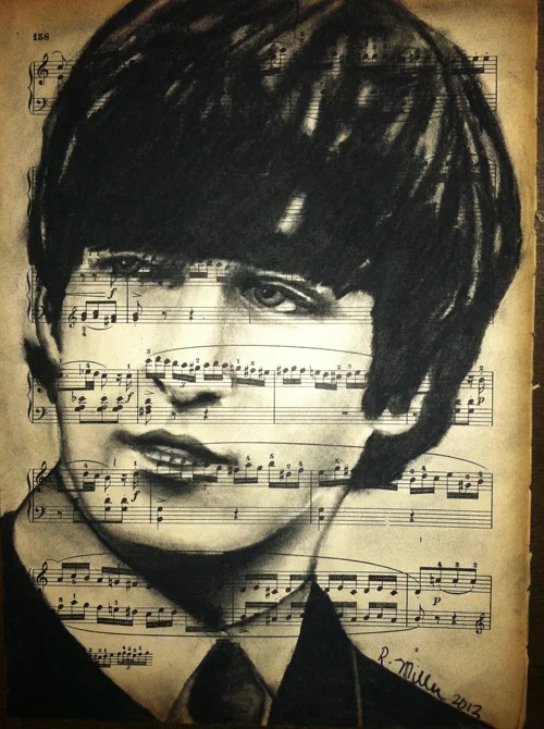 John Lennon, 2013 Charcoal on antique sheet music, 9" x 12"