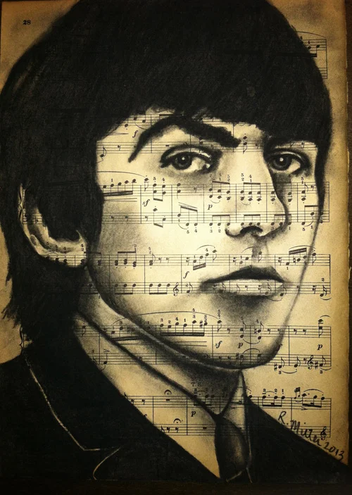 George Harrison, 2013Charcoal on antique sheet music, 9" x 12"