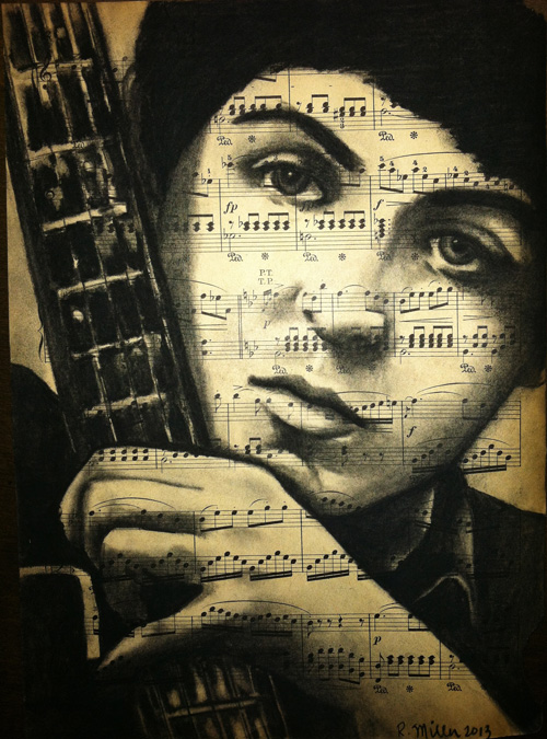 Paul McCartney, 2013 Charcoal on antique sheet music, 9" x 12"
