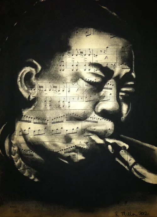 Clarence Clemons, 2012 Charcoal on antique sheet music, 9" x 12"
