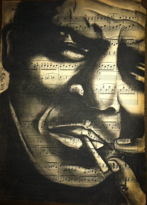 Howlin Wolfe, 2013 Charcoal on antique sheet music, 9" x 12"