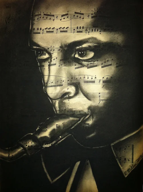 John Coltrane, 2013 Charcoal on antique sheet music, 9" x 12"