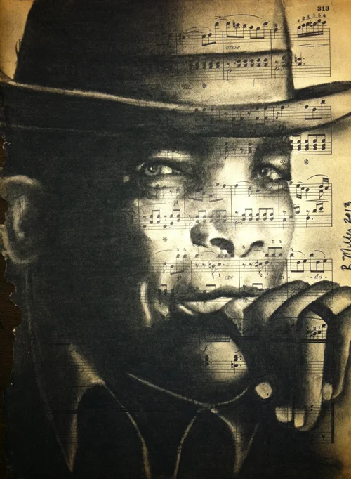 John Lee Hooker, 2013Charcoal on antique sheet music, 9" x 12"